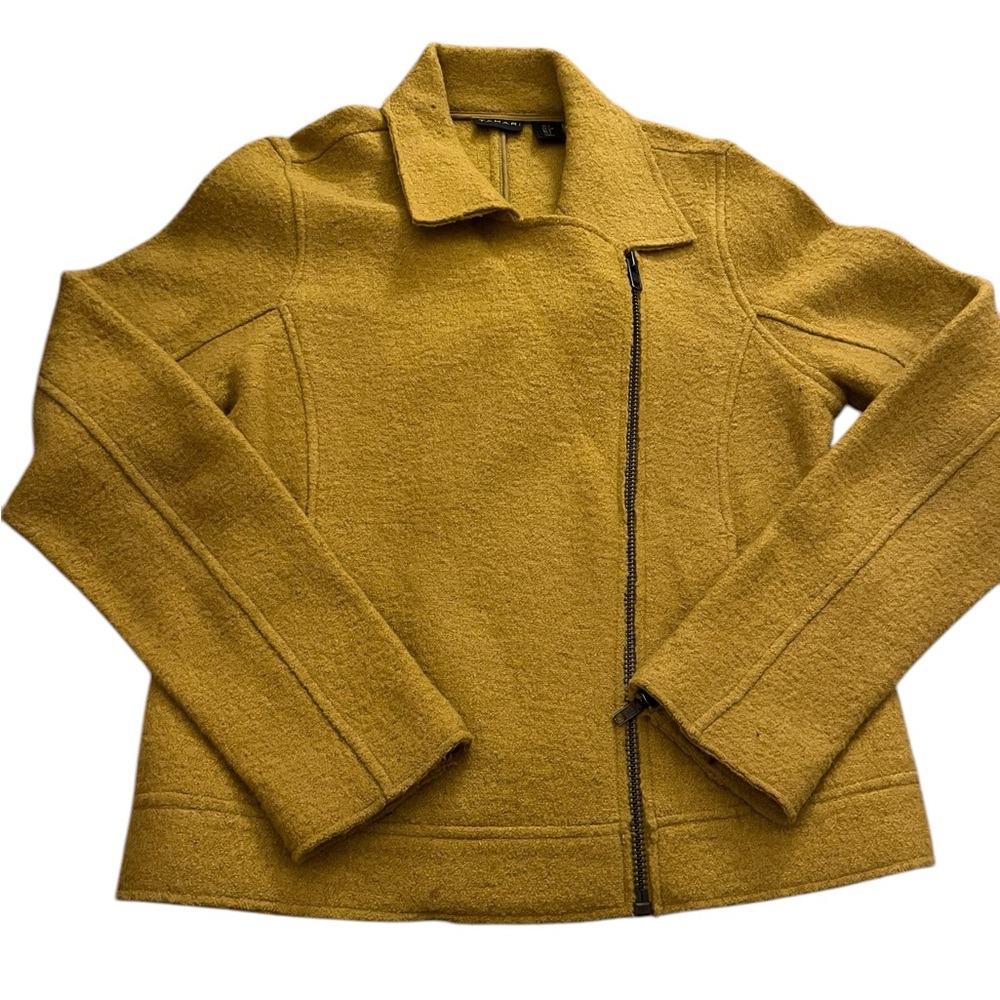 TAHARI Jacket Small Wool Blend Boucle Moto Asymmetrical Zip Yellow